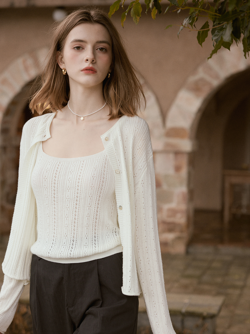 ANITA woolen sleeveless cardigan set_ivory